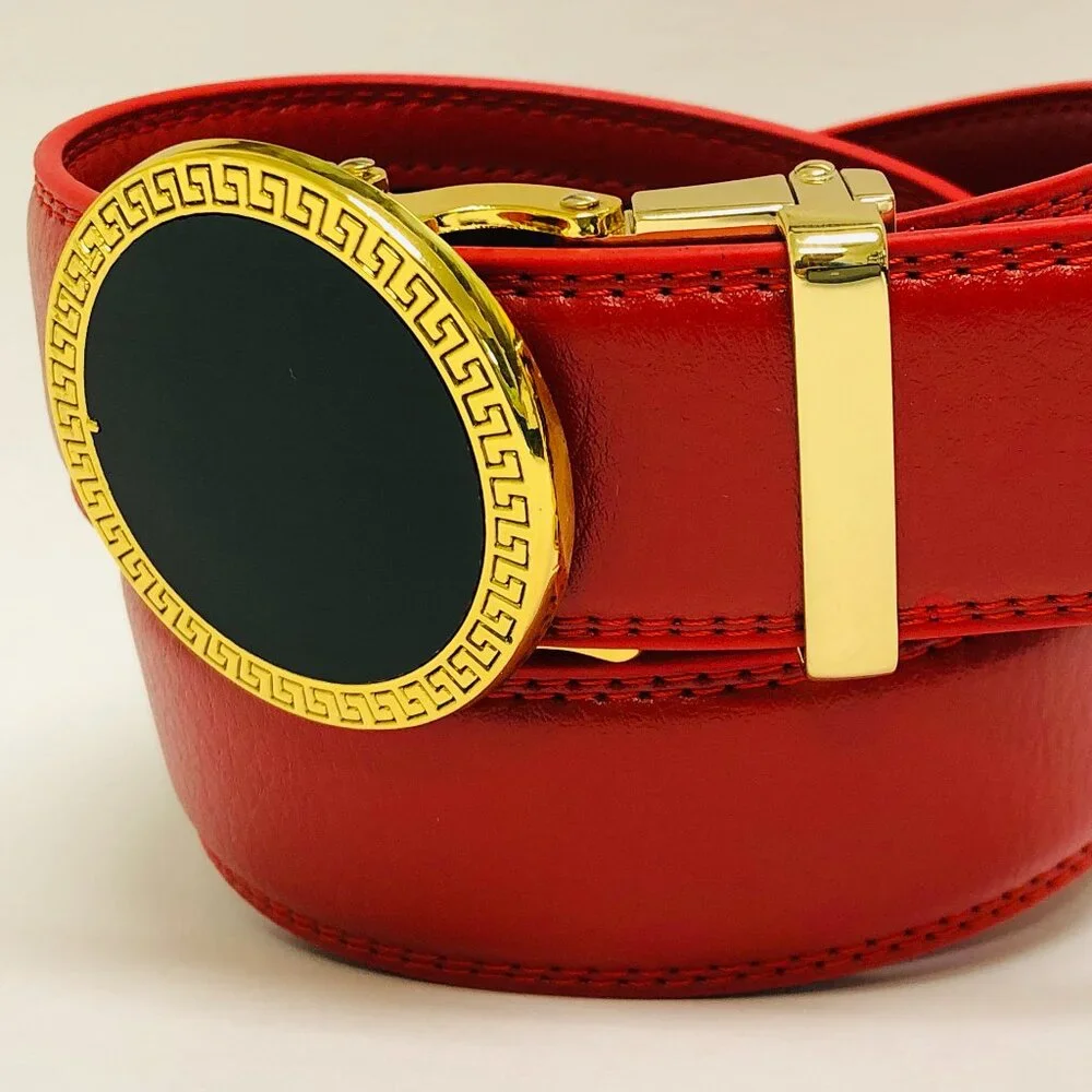 Red Belt Slide Belt Round G Gold Buckle Not Holes Slide Belt Fashion Street Wear